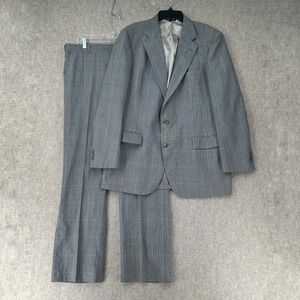 VTG Johnny Carson 2 PC Suit Wool Blazer Jacket 44 Gray Windowpane Pants‎ 37X31